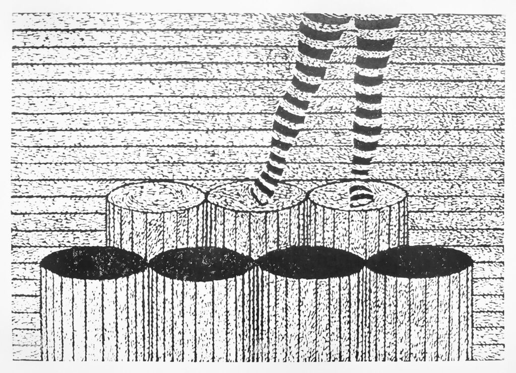 Bakule Malá, Tubes, linoryt,A4, 2021, 3000 Kč